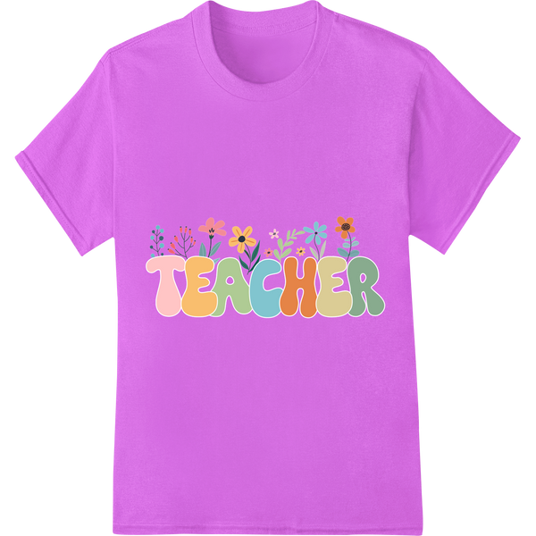 Whimsical Floral 'TEACHER' Typography DTF Print Transfer on purple shirt - SUPERDTF-DTF Prints-DTF Transfers-Custom DTF Prints