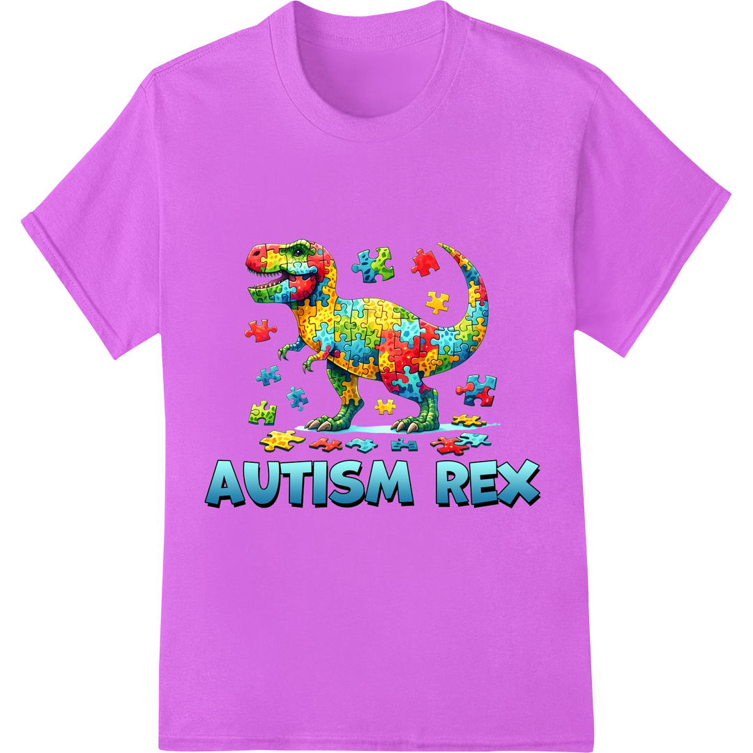 Vibrant Autism Rex Puzzle Dino DTF Print Heat Transfer on purple shirt - SUPERDTF-DTF Prints-DTF Transfers-Custom DTF Prints