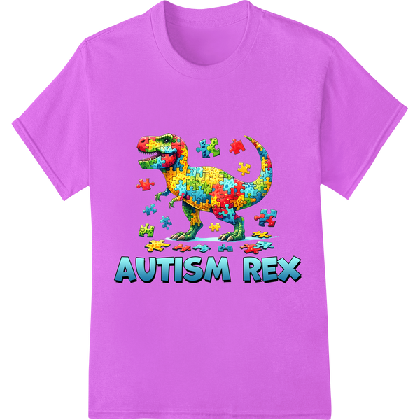 Vibrant Autism Rex Puzzle Dino DTF Print Heat Transfer on purple shirt - SUPERDTF-DTF Prints-DTF Transfers-Custom DTF Prints