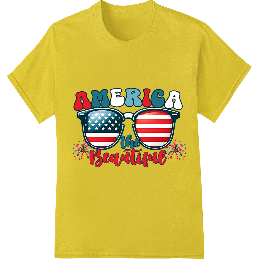 Patriotic American Flag Sunglasses | 4th of July DTF Print on yellow shirt - SUPERDTF-DTF Prints-DTF Transfers-Custom DTF Prints