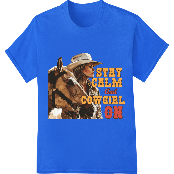 Stay Calm & Cowgirl On: Inspiring Western DTF Print Design on blue shirt - SUPERDTF-DTF Prints-DTF Transfers-Custom DTF Prints