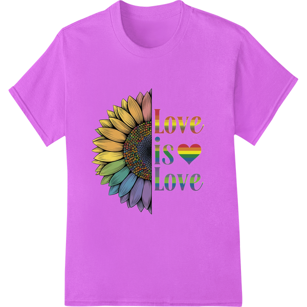 Vibrant 'Love is Love' LGBT Pride Sunflower DTF Print Heat Transfer on purple shirt - SUPERDTF-DTF Prints-DTF Transfers-Custom DTF Prints