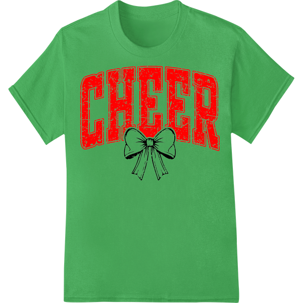 Bold 'CHEER' Heat Transfer w/ Bow - Spirit Wear Must-Have on green shirt - SUPERDTF-DTF Prints-DTF Transfers-Custom DTF Prints