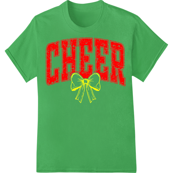 Bold CHEER Heat Transfer with Yellow Bow | Super DTF on green shirt - SUPERDTF-DTF Prints-DTF Transfers-Custom DTF Prints