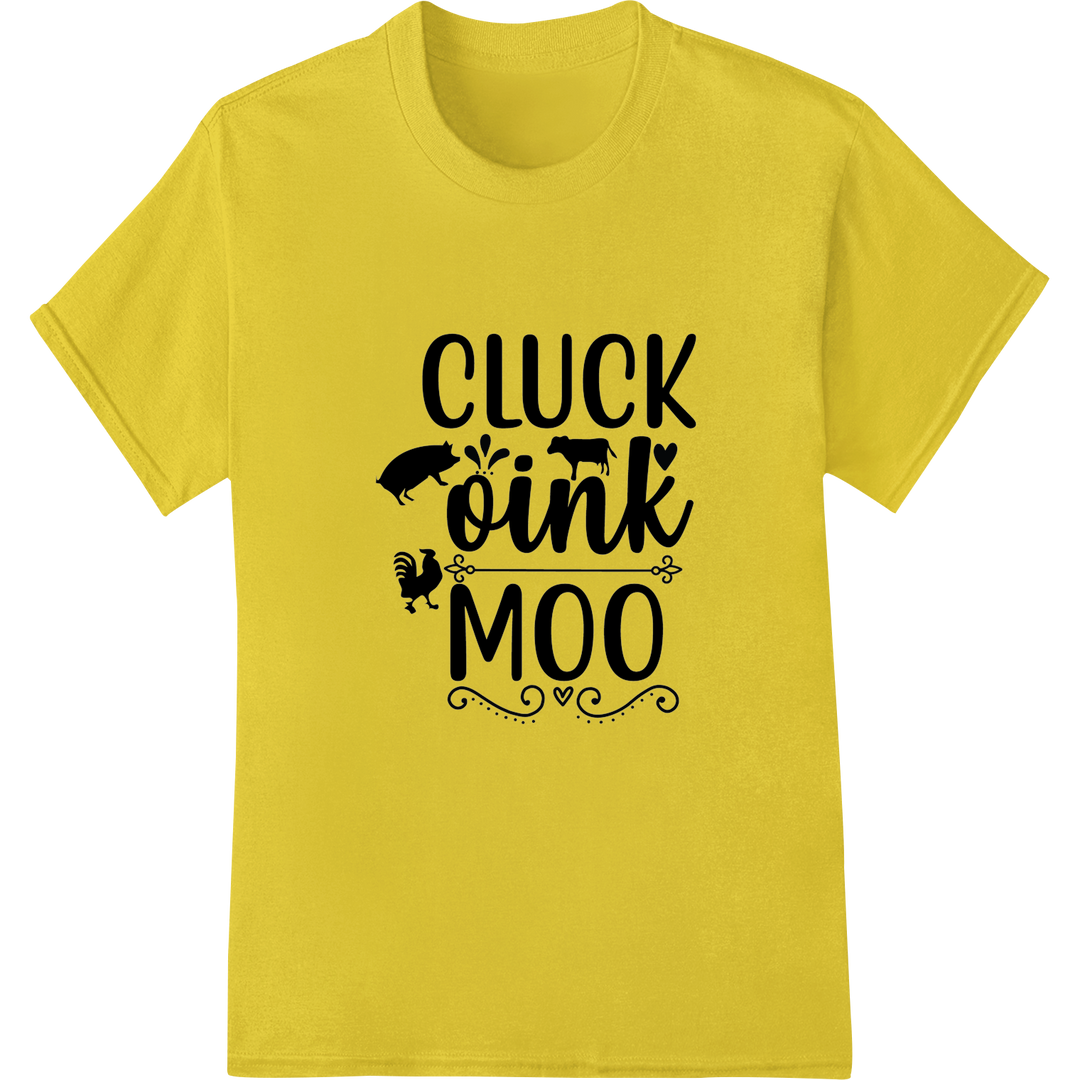 Playful "Cluck Oink Moo" Farm Animal DTF Print Transfer on yellow shirt - SUPERDTF-DTF Prints-DTF Transfers-Custom DTF Prints