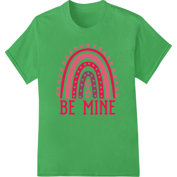 Vibrant 'BE MINE' Rainbow Hearts DTF Print Heat Transfer on green shirt - SUPERDTF-DTF Prints-DTF Transfers-Custom DTF Prints