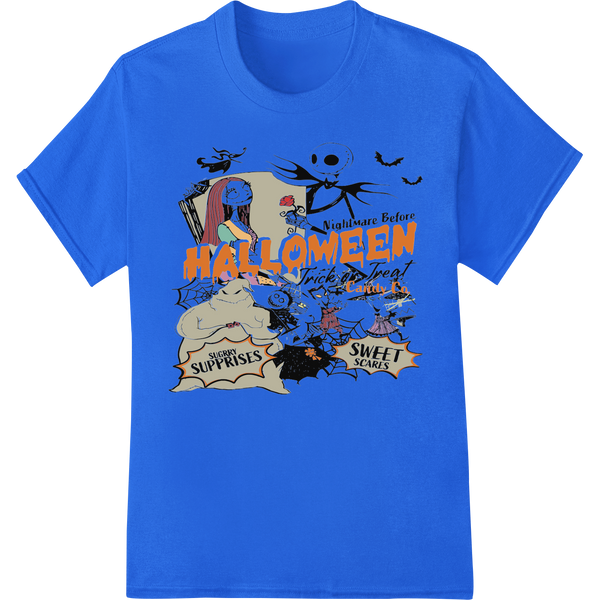 Vintage-style Halloween design featuring jack-o-lanterns, witches, ghosts, and other spooky characters in orange and black...