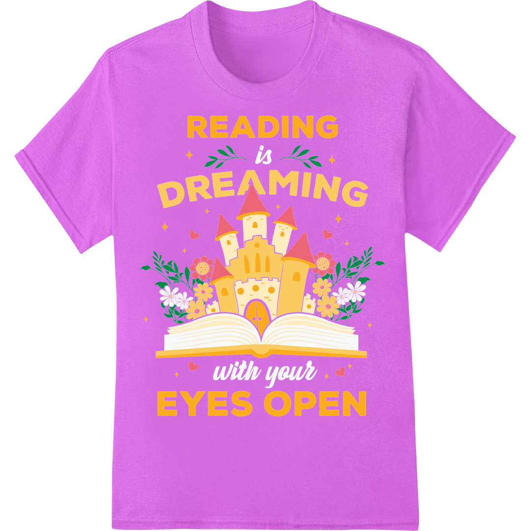 Enchanting Book Lover's Castle - Dreamy DTF Print Transfer on purple shirt - SUPERDTF-DTF Prints-DTF Transfers-Custom DTF Prints