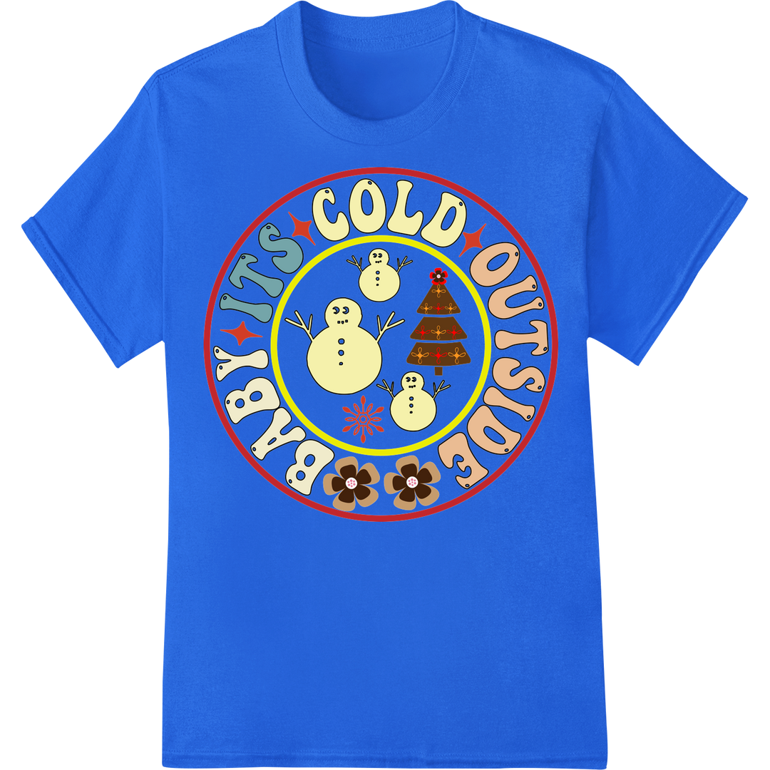 Adorable Snowman 'Baby It's Cold Outside' Christmas DTF Print on blue shirt - SUPERDTF-DTF Prints-DTF Transfers-Custom DTF Prints