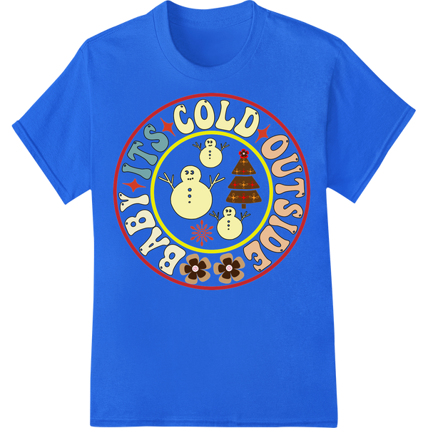 Adorable Snowman 'Baby It's Cold Outside' Christmas DTF Print on blue shirt - SUPERDTF-DTF Prints-DTF Transfers-Custom DTF Prints