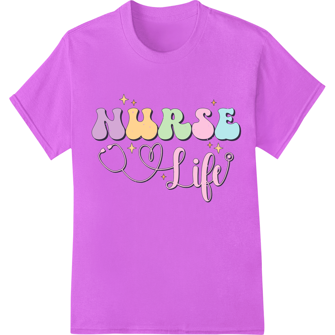 Cheerful 'NURSE Life' DTF Print Transfer - Pastel Colors on purple shirt - SUPERDTF-DTF Prints-DTF Transfers-Custom DTF Prints