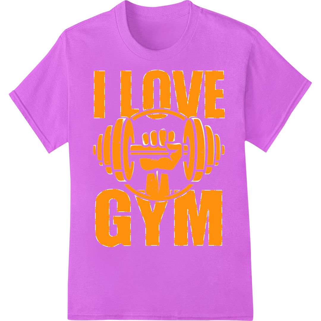 Bold I LOVE GYM Fitness Motivation DTF Print Heat Transfer on purple shirt - SUPERDTF-DTF Prints-DTF Transfers-Custom DTF Prints