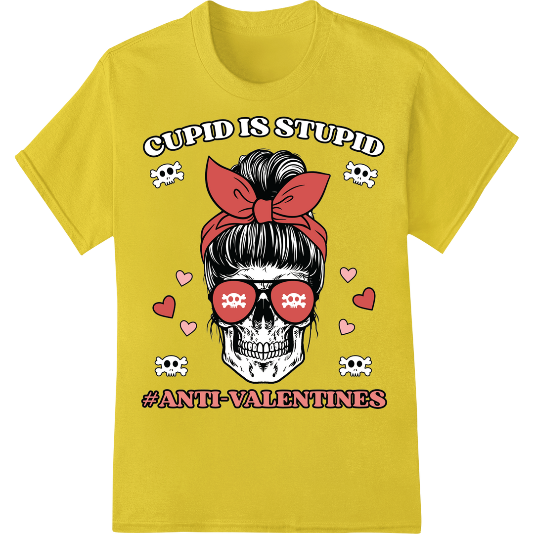 Edgy 'Cupid is Stupid' Skeleton Print for Anti-Valentine's on yellow shirt - SUPERDTF-DTF Prints-DTF Transfers-Custom DTF Prints