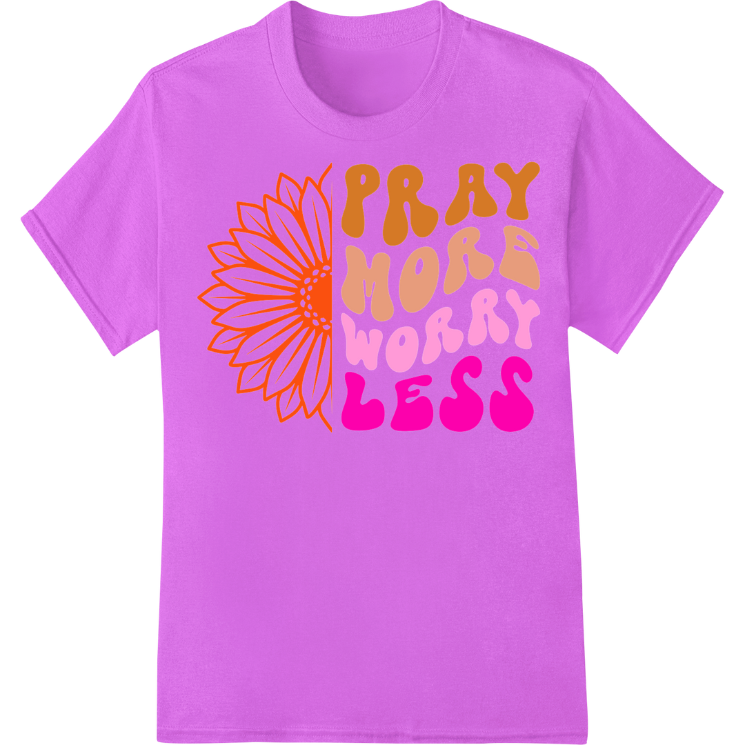 Pray More Worry Less: Inspiring Sunflower DTF Heat Transfer on purple shirt - SUPERDTF-DTF Prints-DTF Transfers-Custom DTF Prints