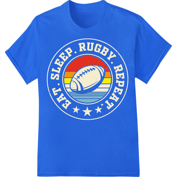 Vibrant 'Eat Sleep Rugby Repeat' DTF Print Heat Transfer on blue shirt - SUPERDTF-DTF Prints-DTF Transfers-Custom DTF Prints