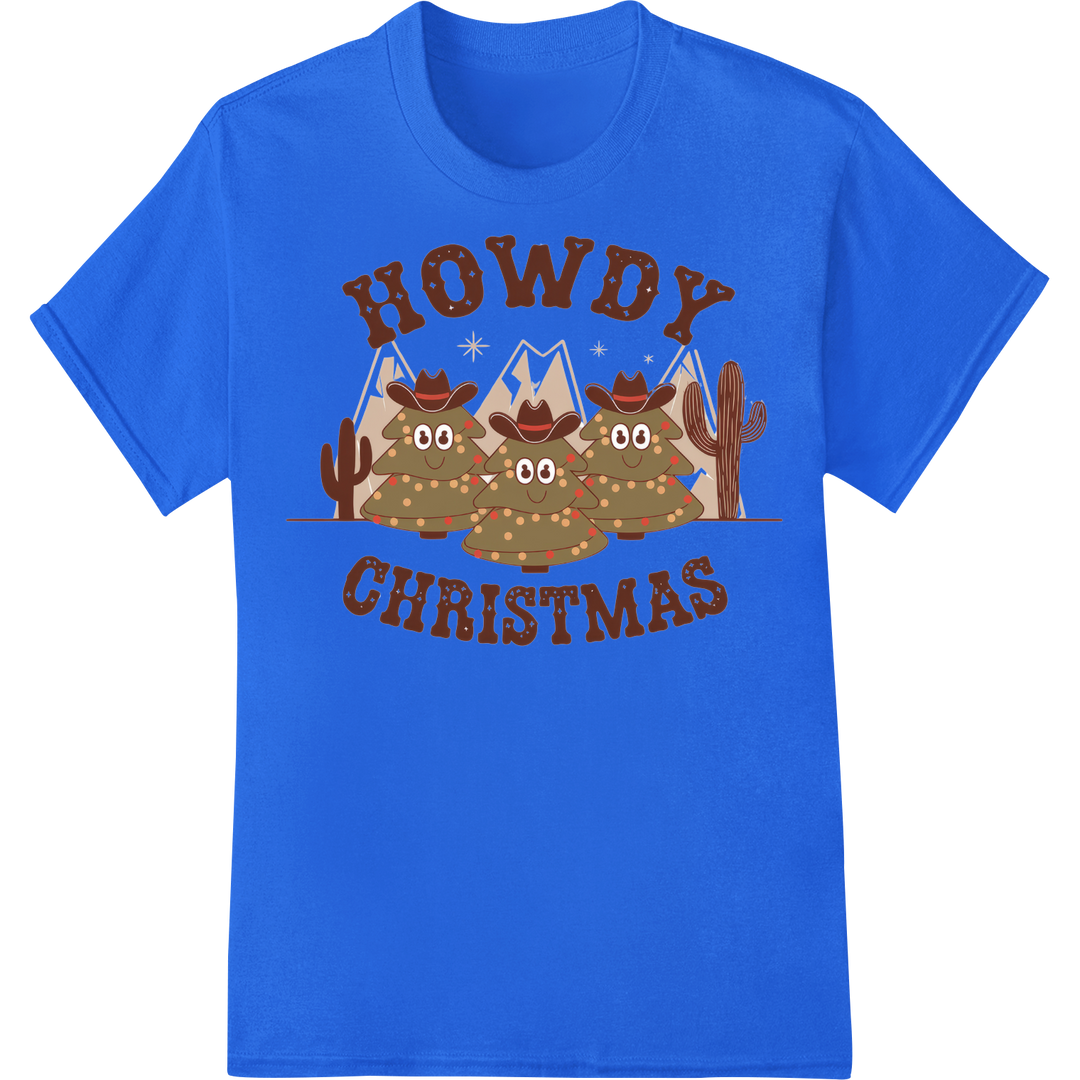 Rustic 'Howdy Christmas' Western Cowboy Trees DTF Print on blue shirt - SUPERDTF-DTF Prints-DTF Transfers-Custom DTF Prints