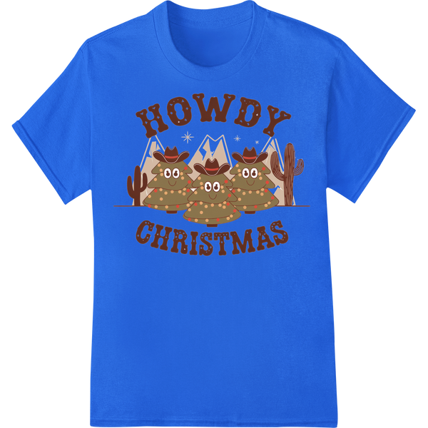 Rustic 'Howdy Christmas' Western Cowboy Trees DTF Print on blue shirt - SUPERDTF-DTF Prints-DTF Transfers-Custom DTF Prints