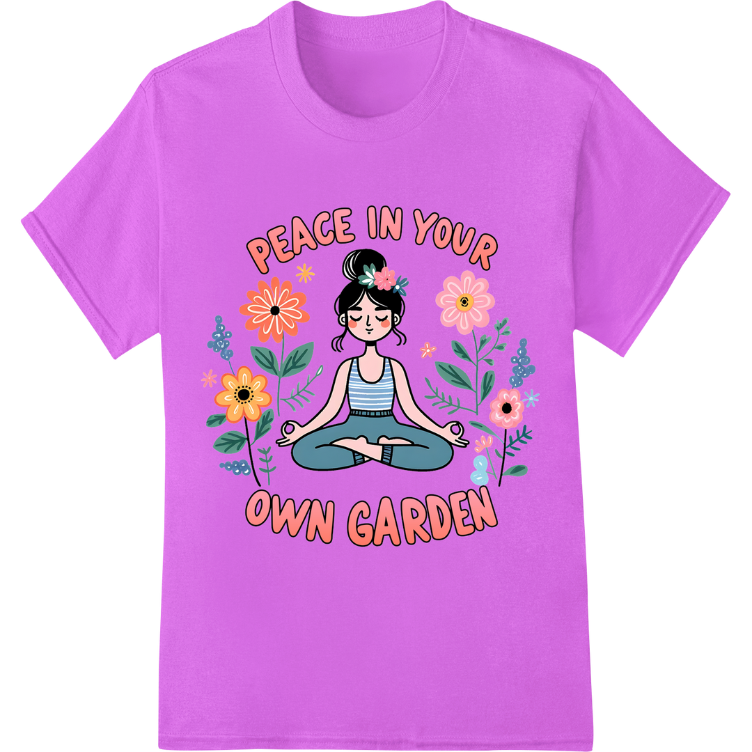 Find Serenity with 'Peace in Your Own Garden' Yoga DTF Print on purple shirt - SUPERDTF-DTF Prints-DTF Transfers-Custom DTF Prints