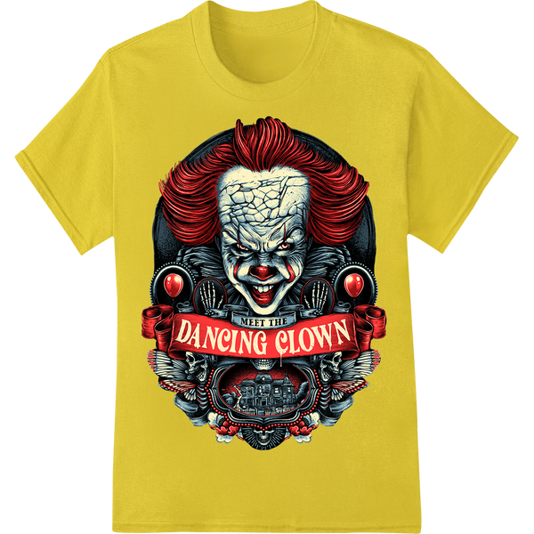 A spooky and devilish dancing clown illustration, perfect for DTF or direct-to-film heat transfer on custom apparel.