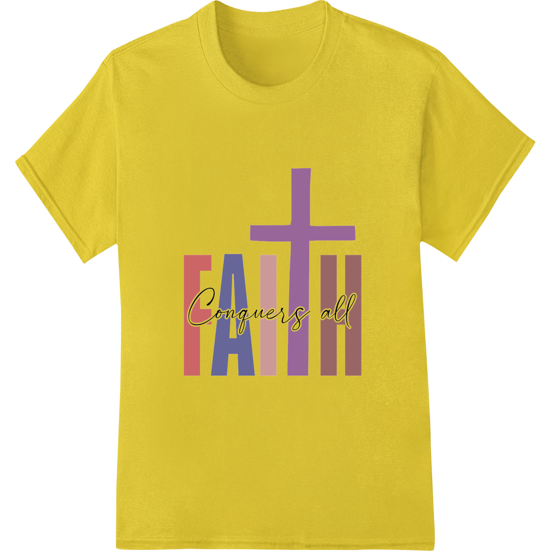 Conquer All With Faith - Inspiring Cross DTF Transfer Print on yellow shirt - SUPERDTF-DTF Prints-DTF Transfers-Custom DTF Prints