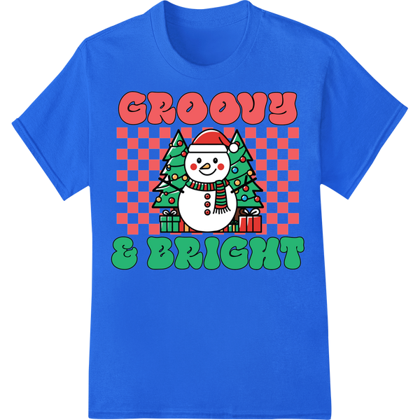 Retro Xmas Snowman | Groovy 70s Holiday DTF Transfer Print on blue shirt - SUPERDTF-DTF Prints-DTF Transfers-Custom DTF Prints