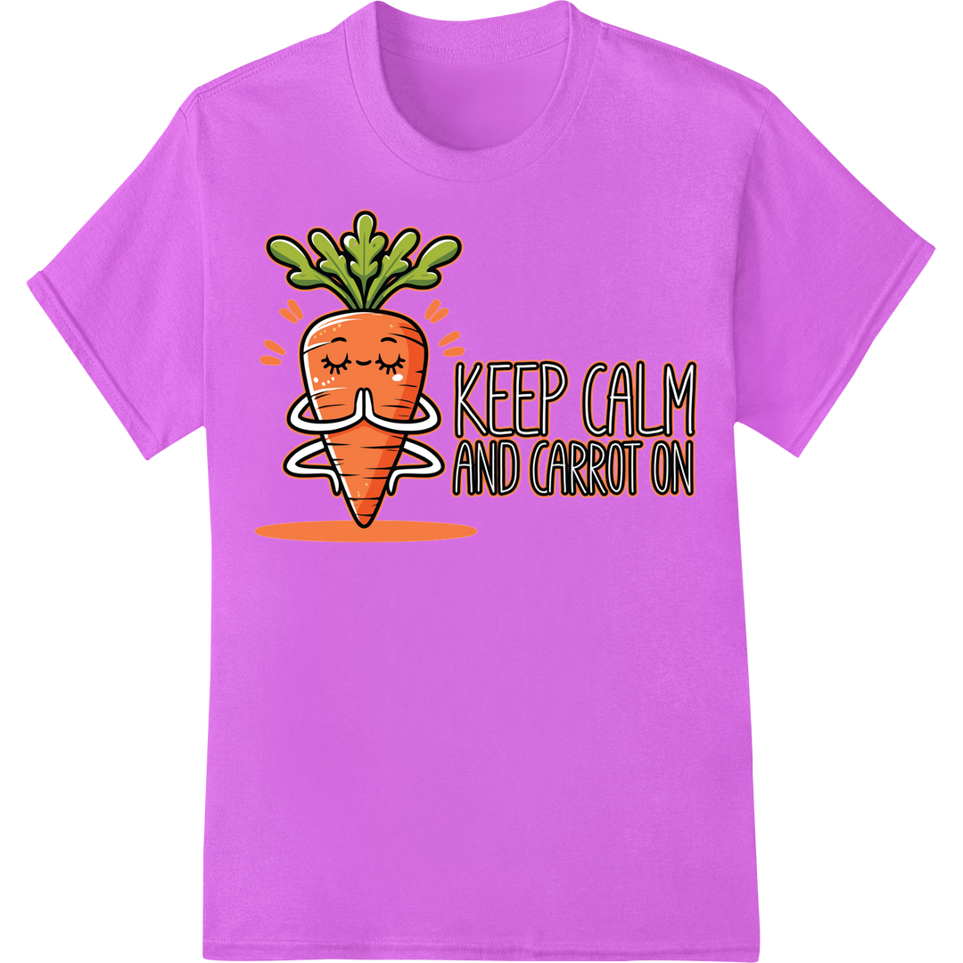 Keep Calm and Carrot On: Funny Yoga DTF Print Heat Transfer on purple shirt - SUPERDTF-DTF Prints-DTF Transfers-Custom DTF Prints