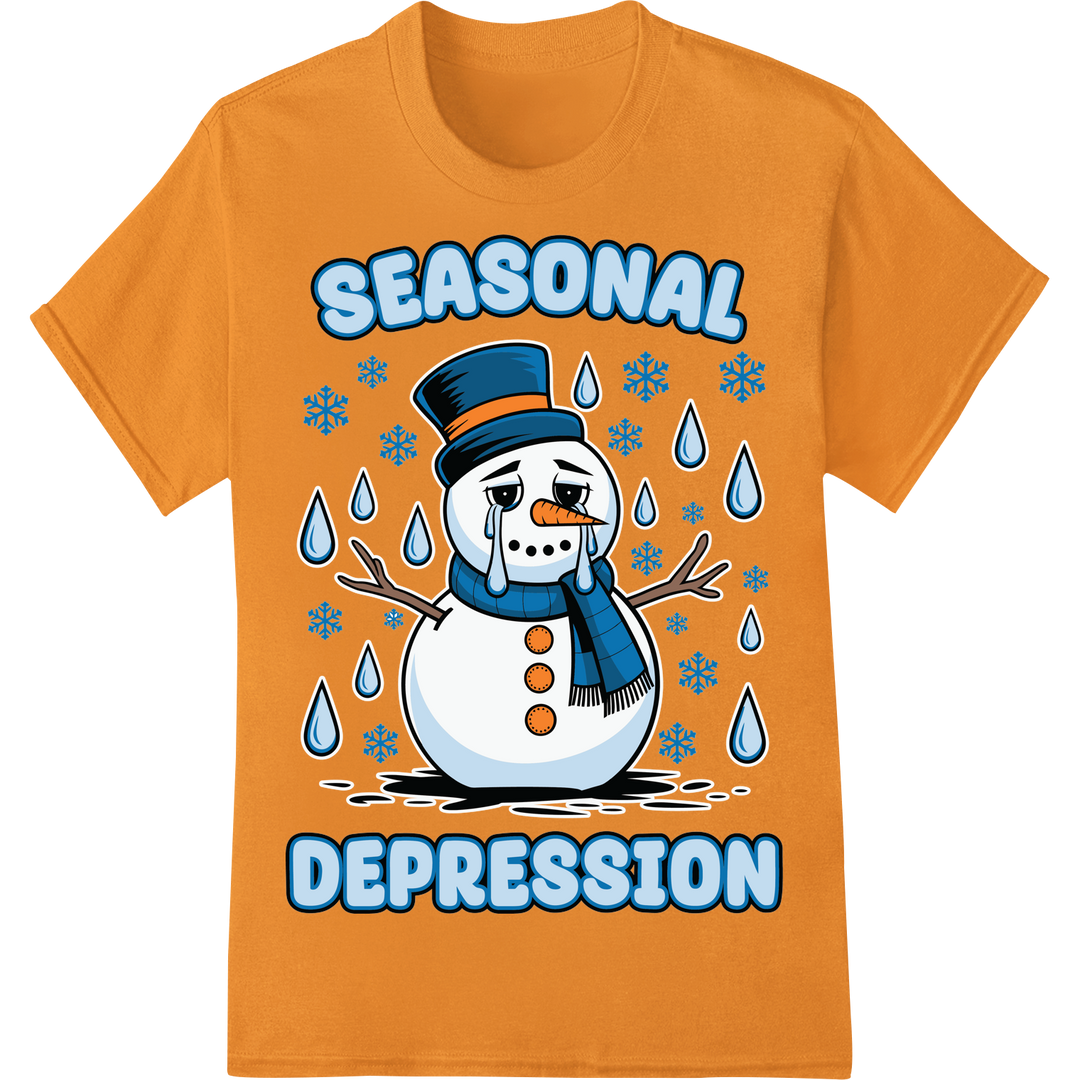 Melancholy Snowman 'Seasonal Depression' Funny DTF Print on orange shirt - SUPERDTF-DTF Prints-DTF Transfers-Custom DTF Prints