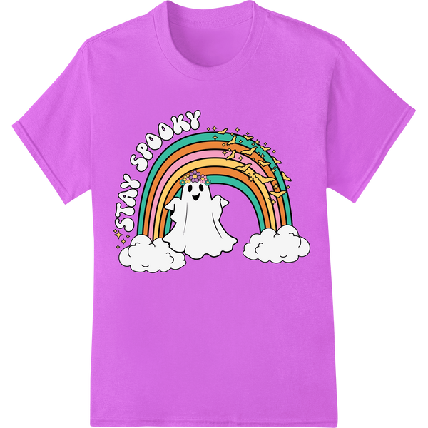 Cute cartoon ghost with rainbow colors and a smiling expression, great for DTF heat transfer printing on apparel.