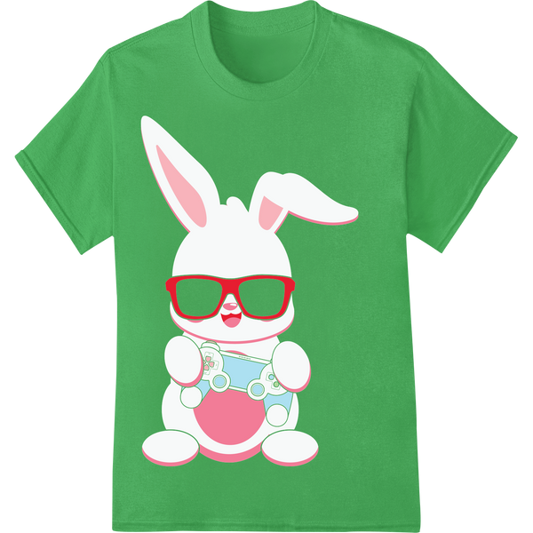 Adorable Pink Easter Bunny with Glasses DTF Print Transfer on green shirt - SUPERDTF-DTF Prints-DTF Transfers-Custom DTF Prints