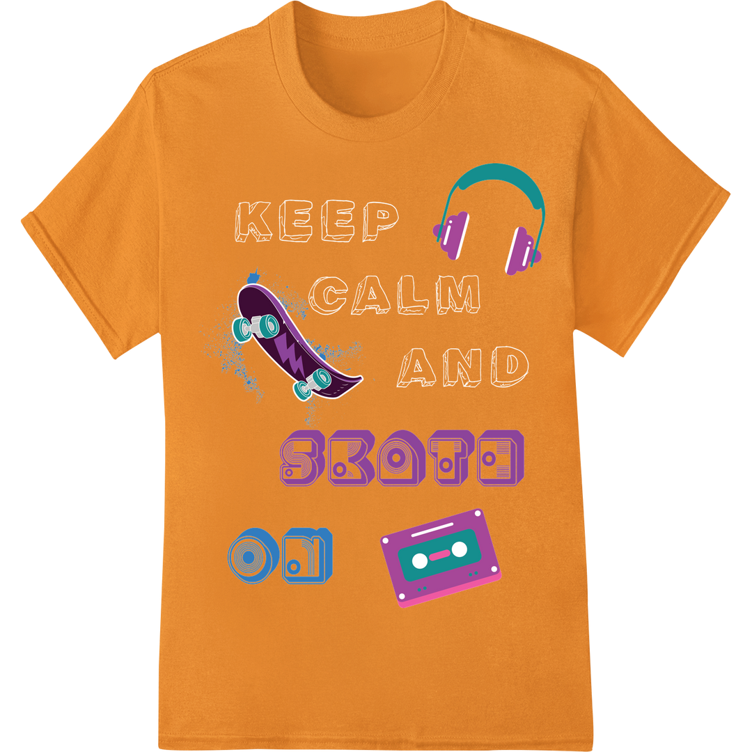 Skate Beats: Vibrant Skateboard & Headphones DTF Print on orange shirt - SUPERDTF-DTF Prints-DTF Transfers-Custom DTF Prints