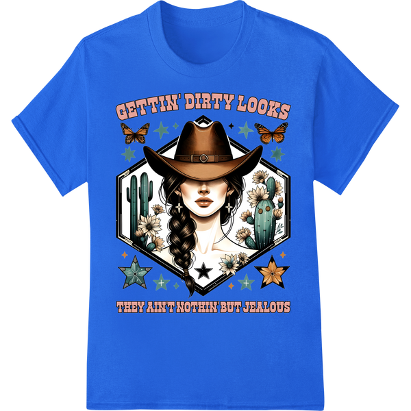 Vintage Cowgirl Outlaw: Edgy Western DTF Transfer Print on blue shirt - SUPERDTF-DTF Prints-DTF Transfers-Custom DTF Prints