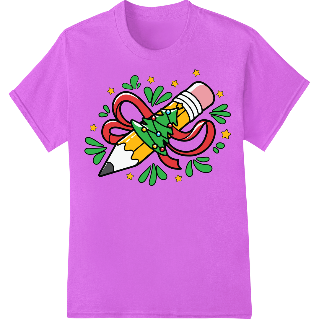 Festive Christmas Pencil Teacher DTF Print Heat Transfer on purple shirt - SUPERDTF-DTF Prints-DTF Transfers-Custom DTF Prints