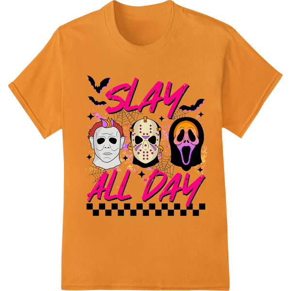 A colorful print transfer design featuring classic horror movie icons like Freddy Krueger, Michael Myers, and Pennywise the...