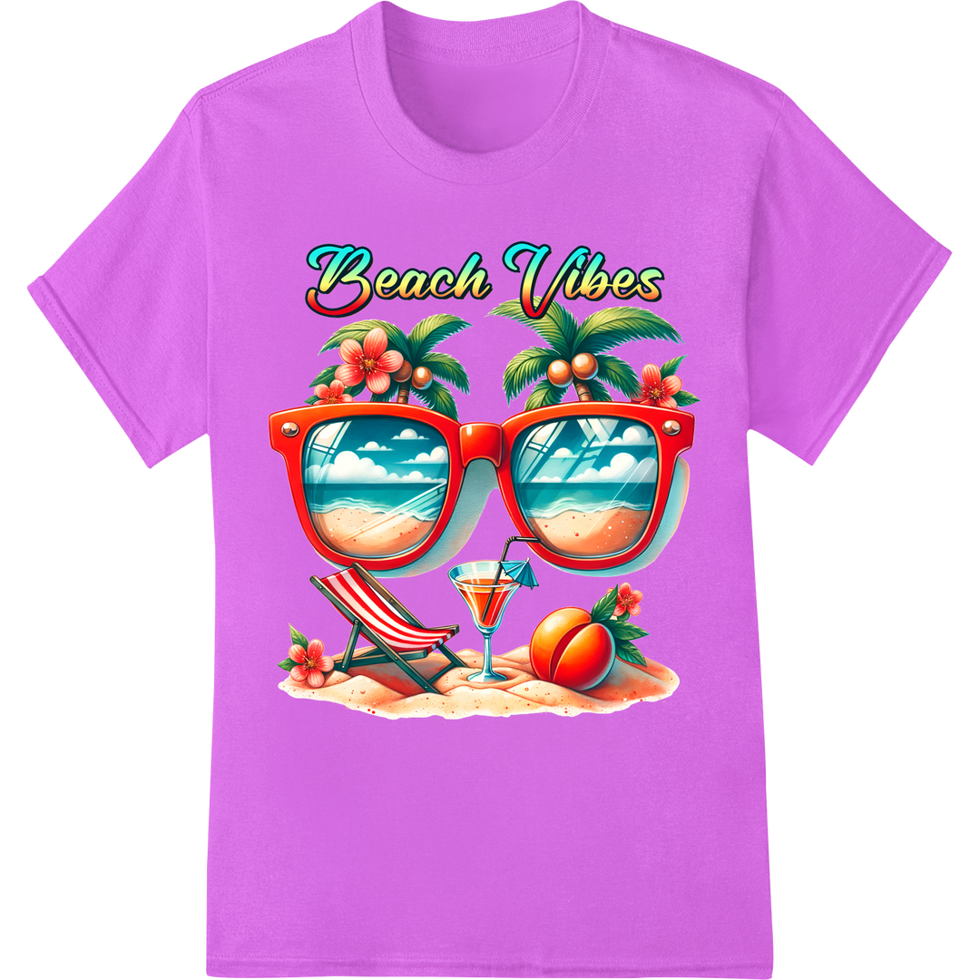 Beach Vibes: Stylish Sunglasses Reflecting Summer Fun on purple shirt - SUPERDTF-DTF Prints-DTF Transfers-Custom DTF Prints