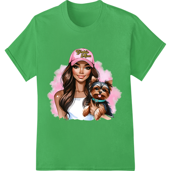 Adorable 'Yorkie Mom' DTF Print Heat Transfer for Dog Lovers on green shirt - SUPERDTF-DTF Prints-DTF Transfers-Custom DTF Prints