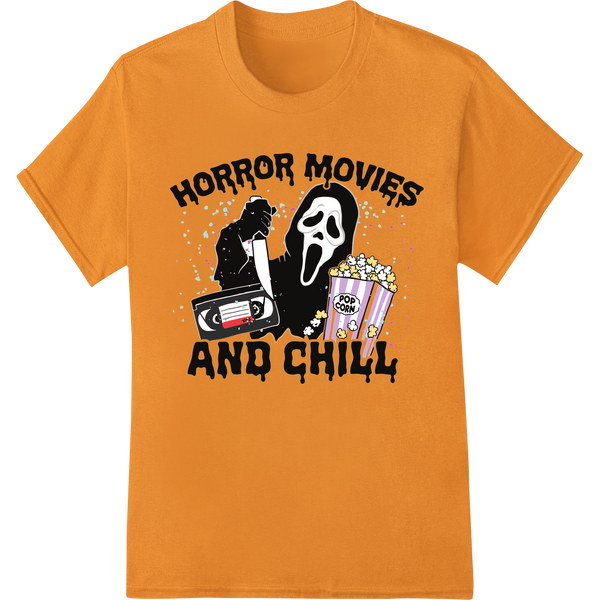 Spooky text graphic saying 'Horror Movies and Chill' in an eerie font, perfect for DTF printing on custom apparel like...