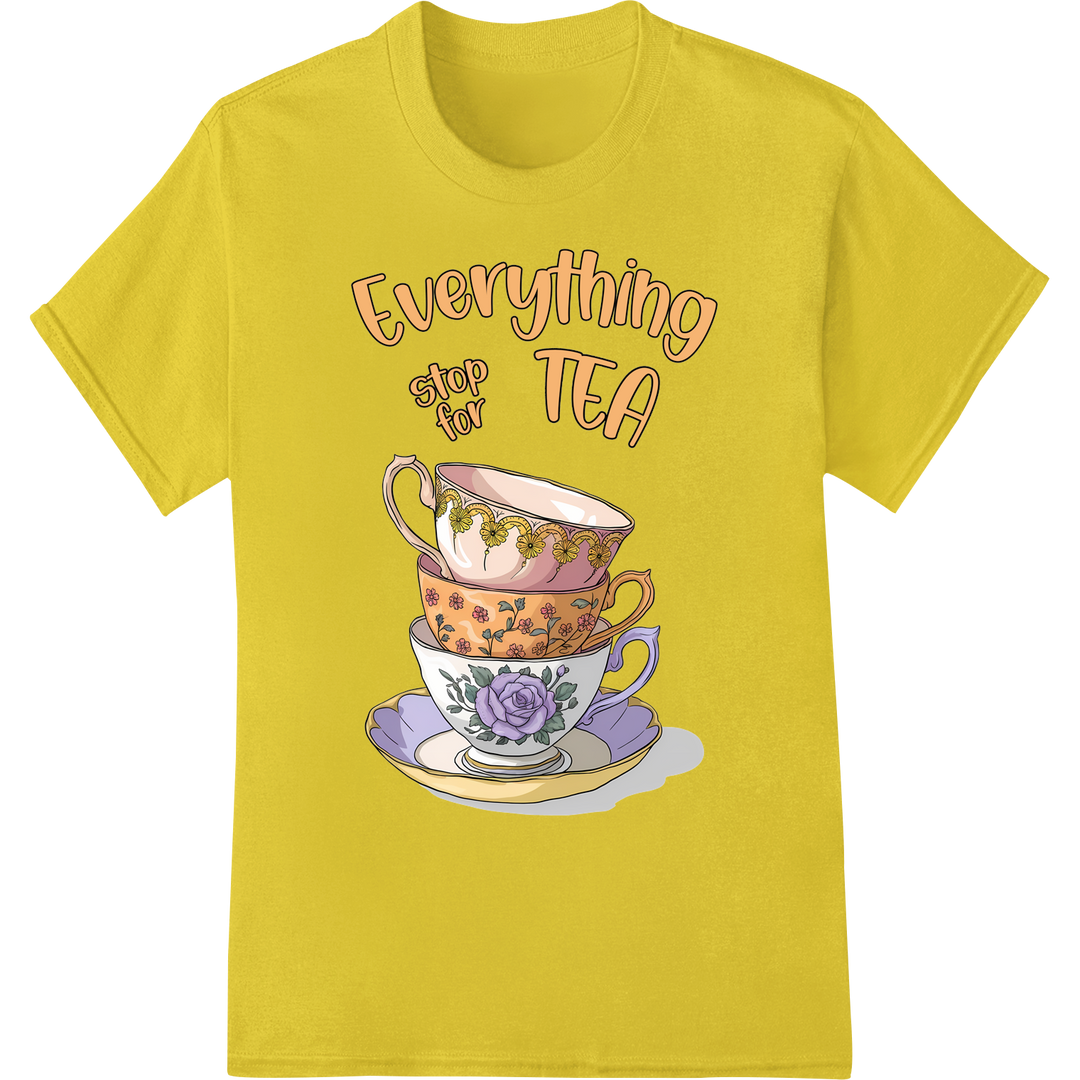 Vintage Teacup Stack - Everything Stops for Tea DTF Print on yellow shirt - SUPERDTF-DTF Prints-DTF Transfers-Custom DTF Prints