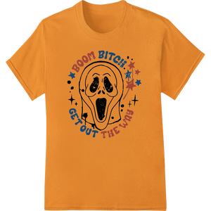 Spooky 'BOOM BITCH' Ghost Face DTF Print Heat Transfer enhanced with professional custom garment printing