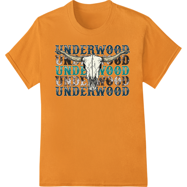 Bold 'UNDERWOOD' Skull DTF Print for Fearless Western Style on orange shirt - SUPERDTF-DTF Prints-DTF Transfers-Custom DTF Prints