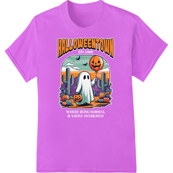 A colorful Halloween design with friendly ghosts, jack-o-lanterns, and a haunted town silhouette for direct-to-film printing.