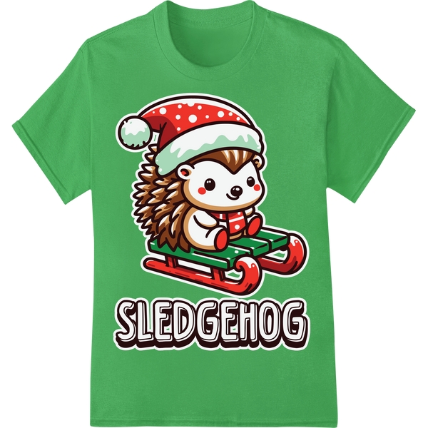 Adorable 'Sledgehog' Christmas Cartoon Animal DTF Print on green shirt - SUPERDTF-DTF Prints-DTF Transfers-Custom DTF Prints