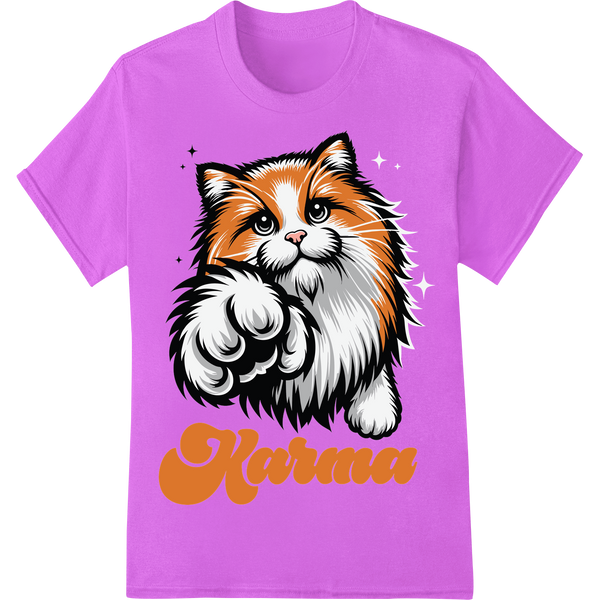 Playful 'Karma' Cat DTF Print Heat Transfer | Feline Fun on purple shirt - SUPERDTF-DTF Prints-DTF Transfers-Custom DTF Prints