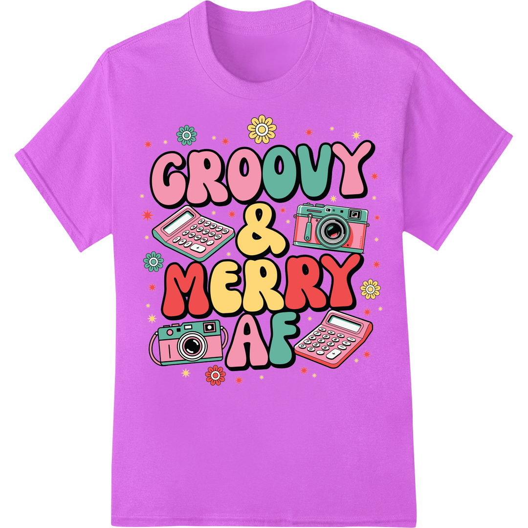 Retro 'Groovy & Merry AF' Christmas DTF Print Heat Transfer on purple shirt - SUPERDTF-DTF Prints-DTF Transfers-Custom DTF Prints