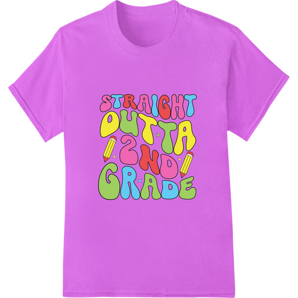 Vibrant "Straight Outta 2nd Grade" DTF School Heat Transfer on purple shirt - SUPERDTF-DTF Prints-DTF Transfers-Custom DTF Prints