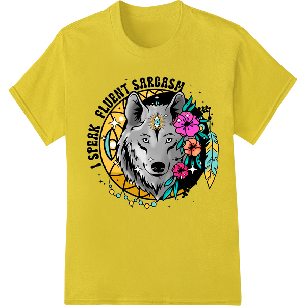 A sarcastic-looking wolf design with floral accents, perfect for direct-to-film (DTF) printing on apparel and accessories.