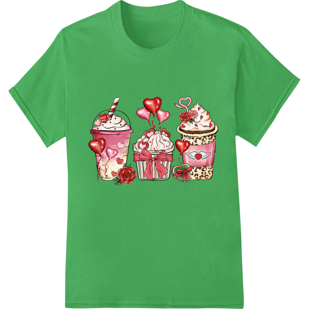 Charming Coffee Cups: Celebrate Love & Caffeine on green shirt - SUPERDTF-DTF Prints-DTF Transfers-Custom DTF Prints