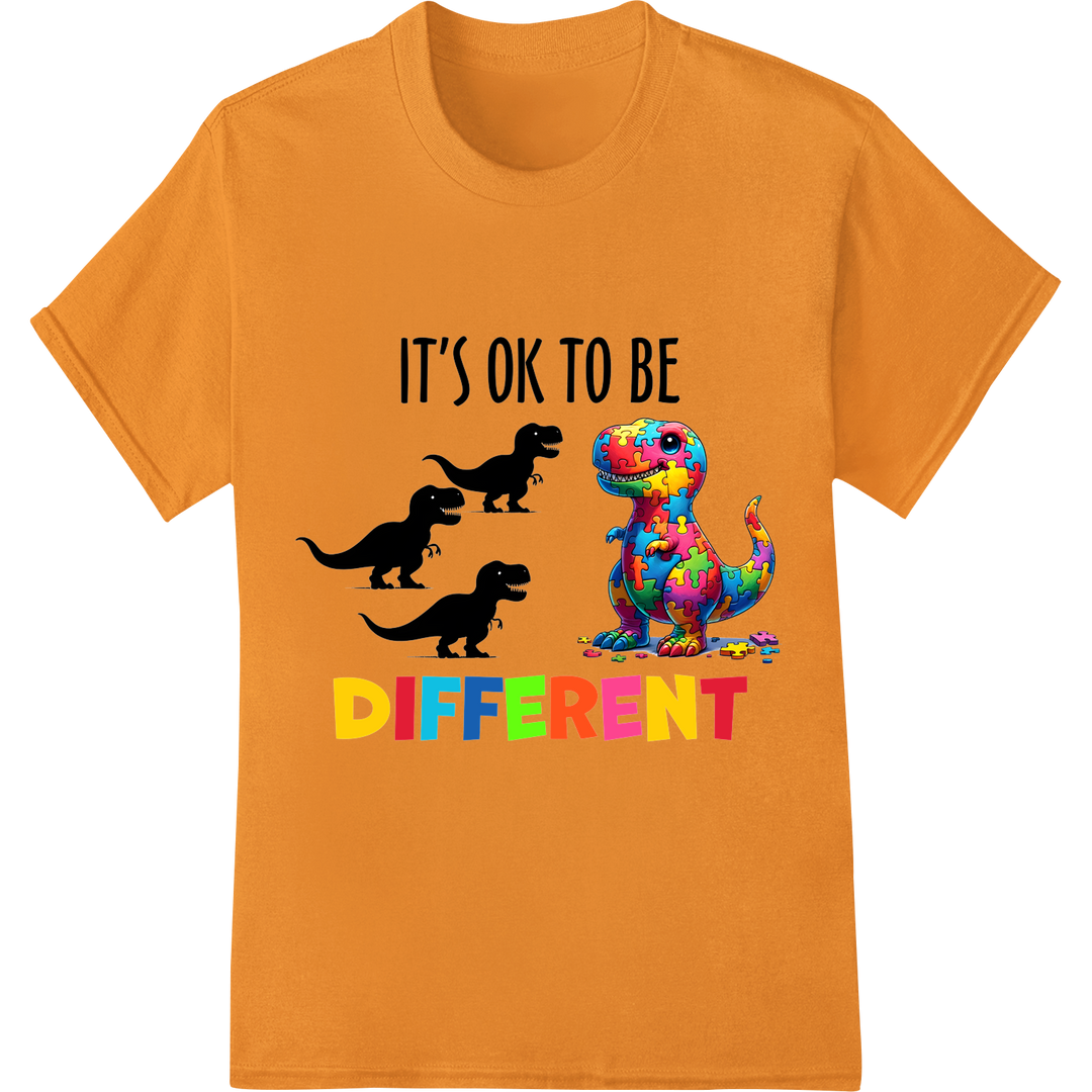 Embrace Differences: Autism Awareness Dinosaur DTF Print on orange shirt - SUPERDTF-DTF Prints-DTF Transfers-Custom DTF Prints