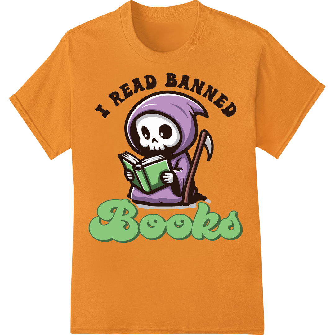 Spooky Skeleton Reads Banned Books - Edgy Halloween DTF Print on orange shirt - SUPERDTF-DTF Prints-DTF Transfers-Custom DTF Prints