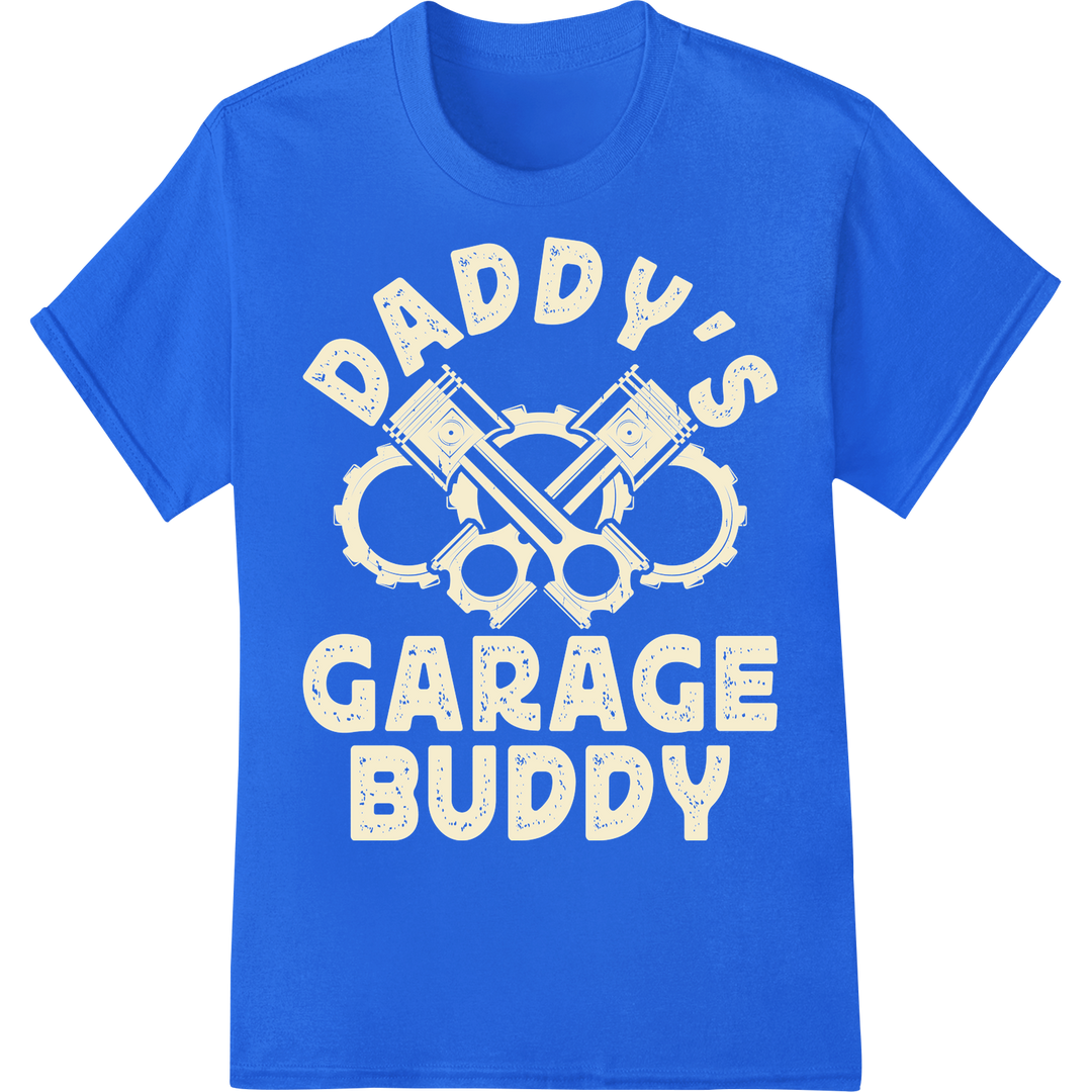 Vintage 'Daddy's Garage Buddy' Father's Day DTF Print on blue shirt - SUPERDTF-DTF Prints-DTF Transfers-Custom DTF Prints