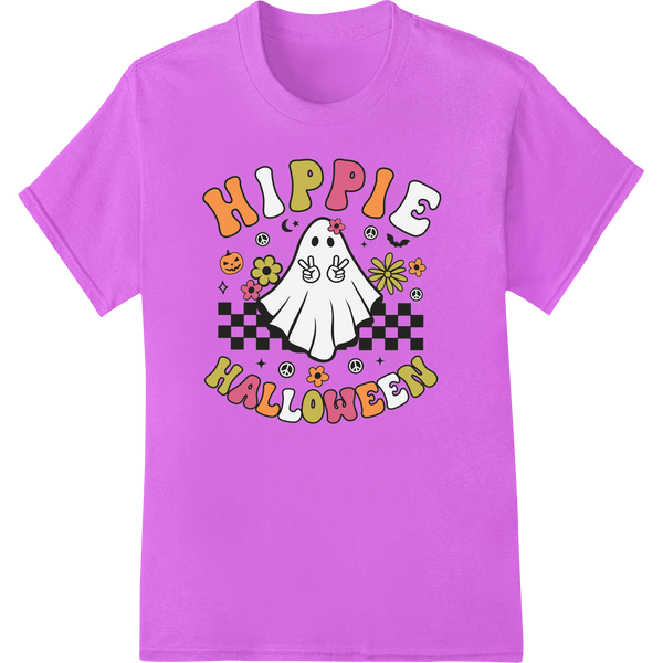 Groovy Ghost: Retro Hippie Halloween DTF Print Transfer on purple shirt - SUPERDTF-DTF Prints-DTF Transfers-Custom DTF Prints